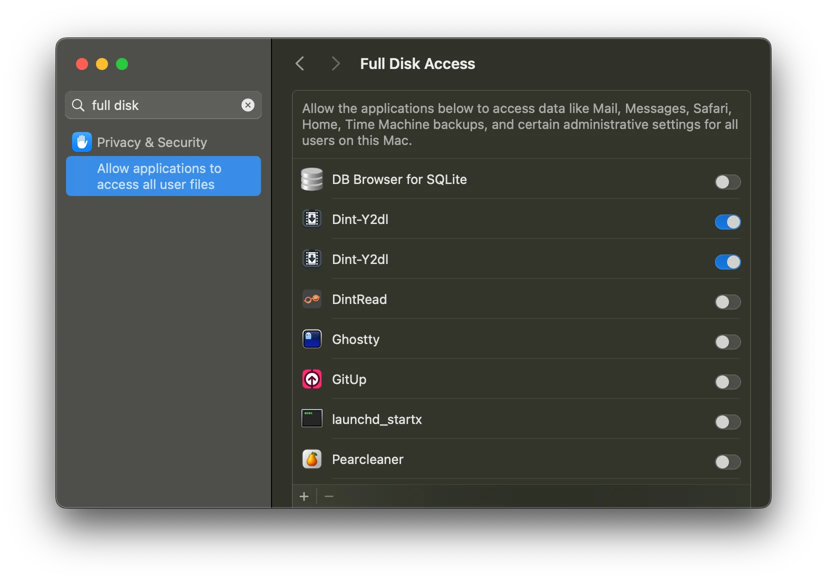 enable full disk access for Dint-Y2dl