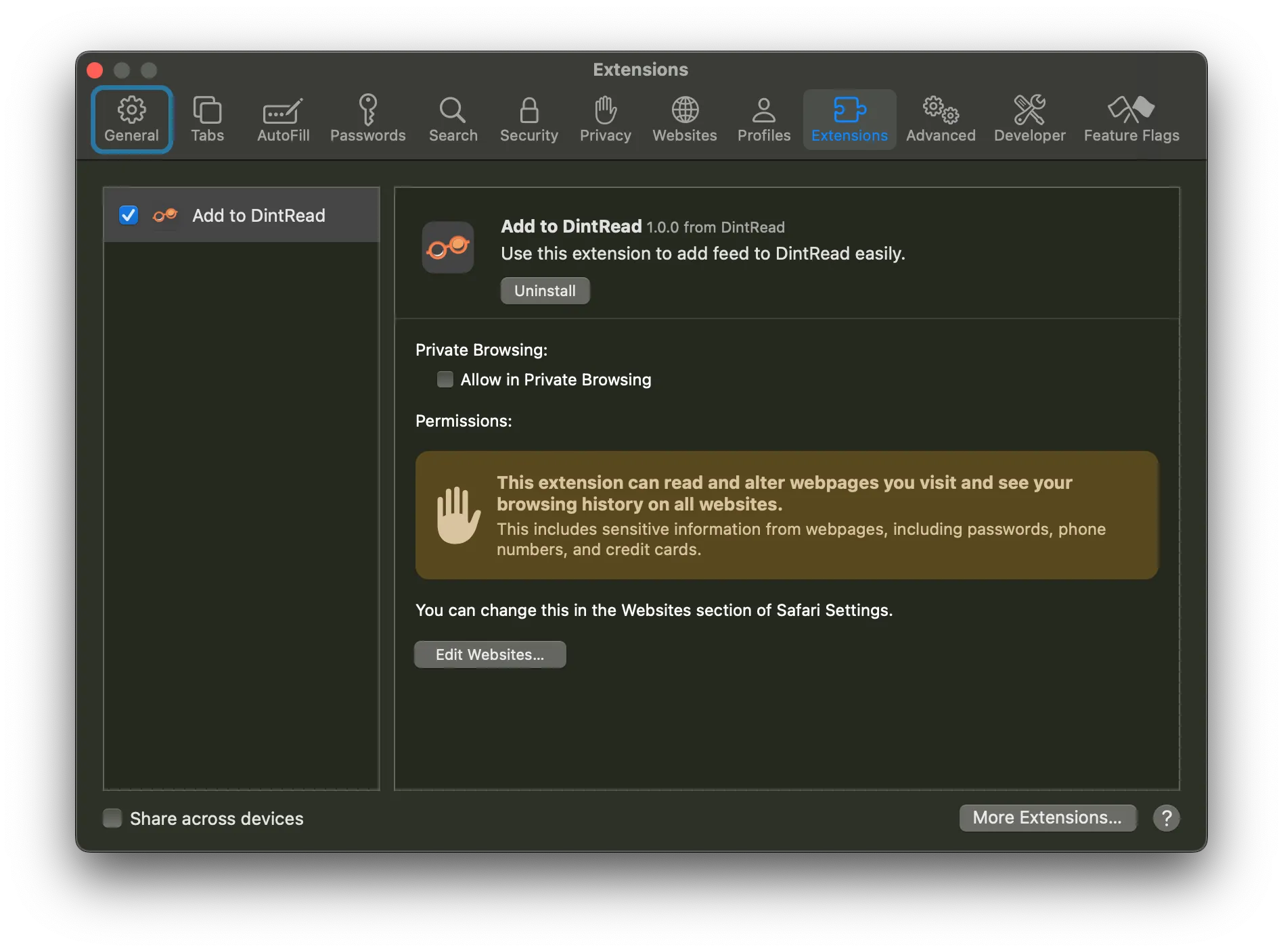 Safari extension settings