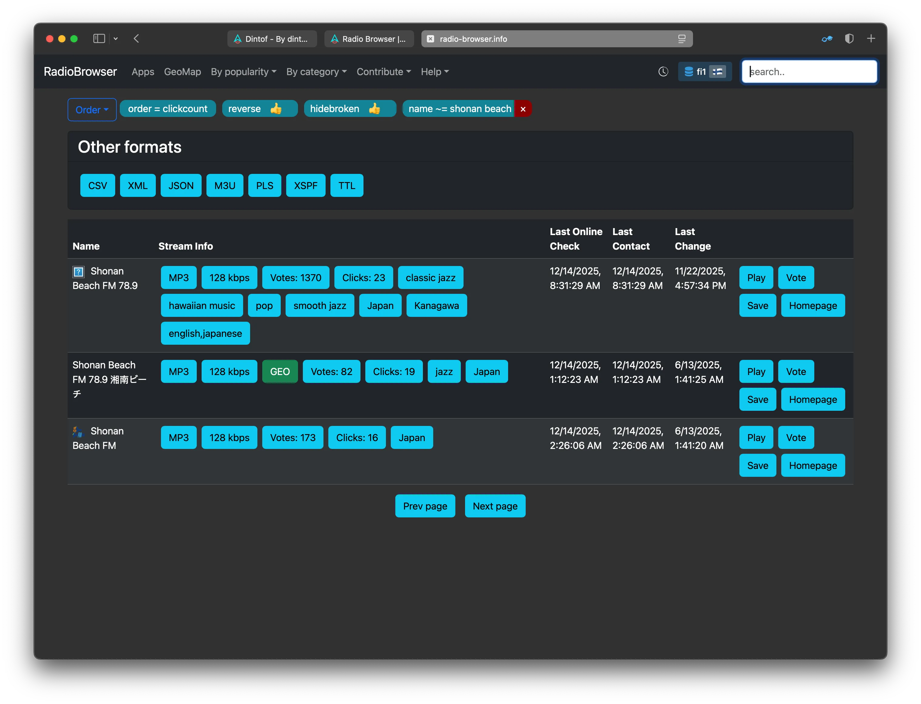 radio browser search results list